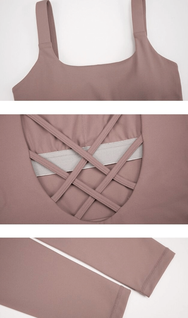 Close-up of a stylish women's elastic open back fitness jumpsuit featuring a solid pattern with sleeveless design. Ideal for yoga.